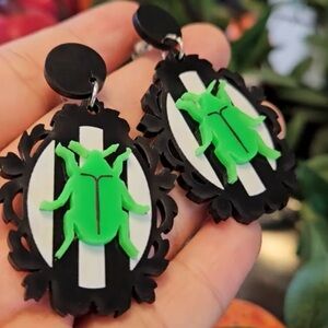BEETLEJUICE! Black White Frame Green Beetle Earrings Halloween Fall
